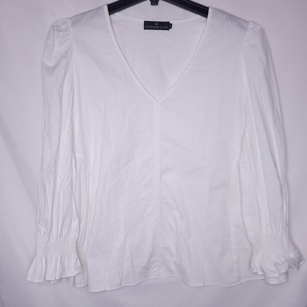 Pomander Place Top XXL White Smocked Long Sleeve V Neck